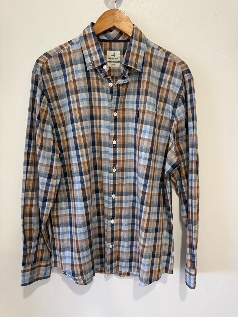 New johnnie-O Blue and Brown Plaid Button-Down Shirt- L